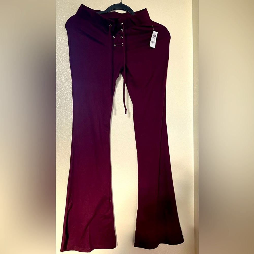 Burgundy Lace Up Flare Pants
